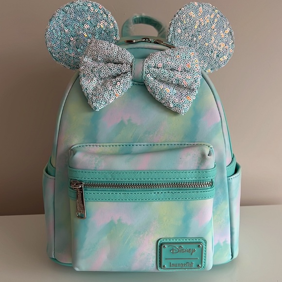 NEW Loungefly Disney Minnie Mouse blue Sequin Bow Mini Backpack and wallet set - Picture 11 of 12